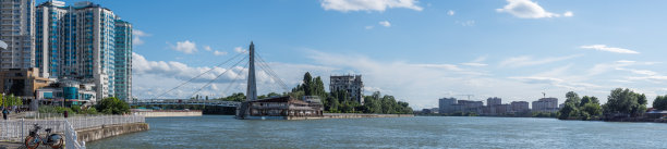 全景照片的城市景观。河流、河堤、斜拉桥及高层建筑。背景是蓝色的天空图片下载