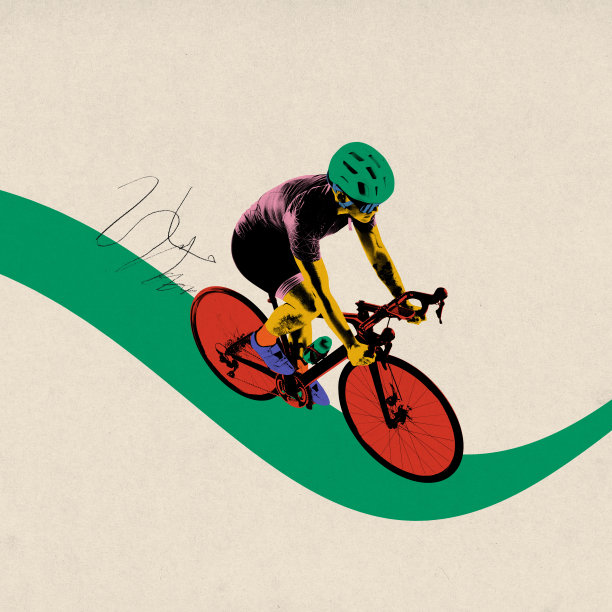 海报。当代艺术拼贴。精力充沛的艺术品。骑着亮红色车轮的自行车的人沿着米色背景下的动态绿色波浪行驶图片下载