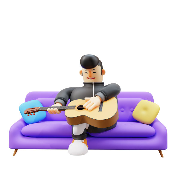 3D吉他手。卡通人物在紫色沙发上弹吉他。男孩卡通”图片下载