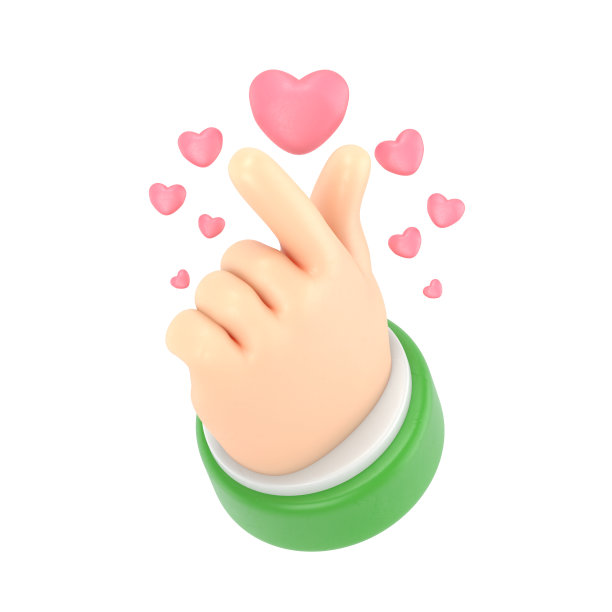 卡通手势图标模型。风格化卡通3D渲染手势代表手指心的象征，爱的信息。白色背景3D渲染。图片下载