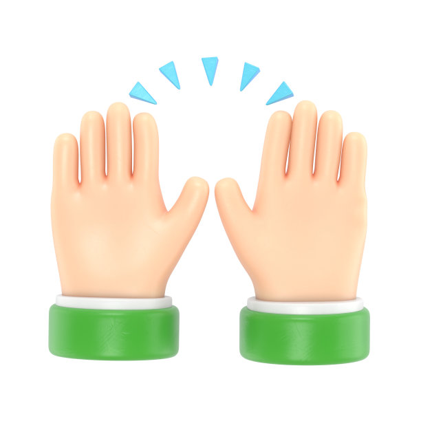 卡通手势图标模型。举手庆祝应用程序和网站的线条艺术，白色背景的3D渲染。图片下载