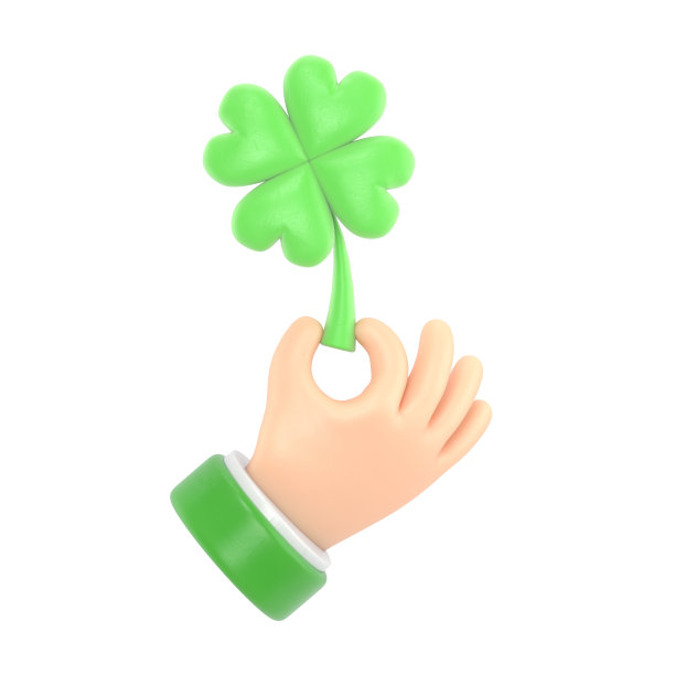 卡通手势图标模型。3d图标手持三叶草。商业臂与绿色三叶草，幸运和成功的象征，3D渲染在白色背景。图片下载