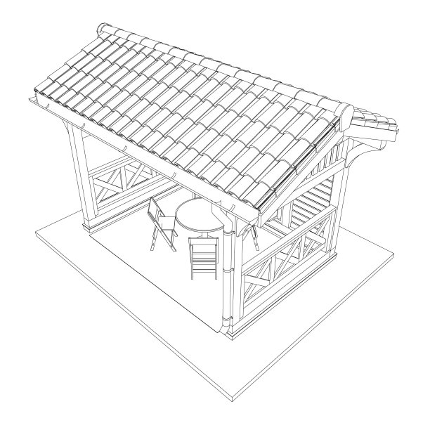 露台的轮廓。黑色轮廓线轮廓。凉亭的轮廓，有长凳、桌子和屋顶。矢量插图。3 d。图片下载