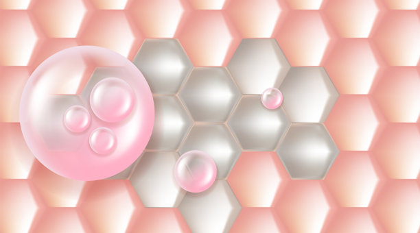 透明质酸和烟酰胺前后的头发和皮肤的解决方案广告，粉红色胶原蛋白血清滴入皮肤细胞与化妆品广告背景准备使用，插图矢量。图片下载