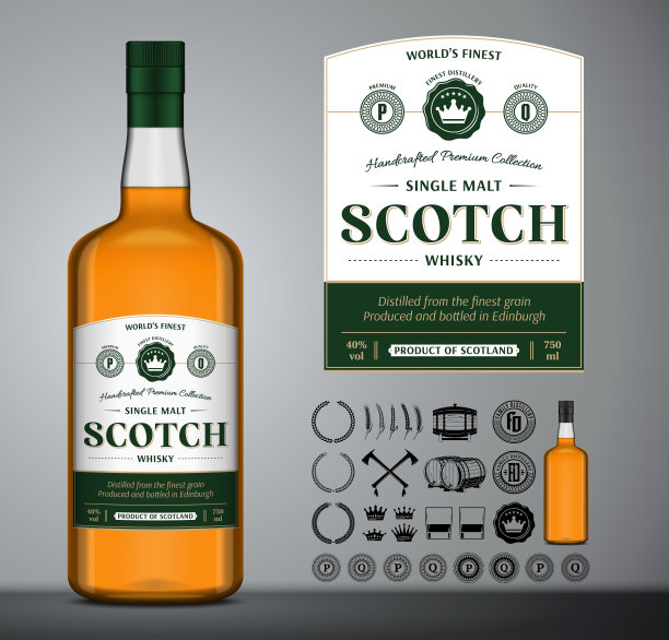 矢量苏格兰威士忌标签。苏格兰威士忌酒瓶，图标，徽章，徽章图片下载