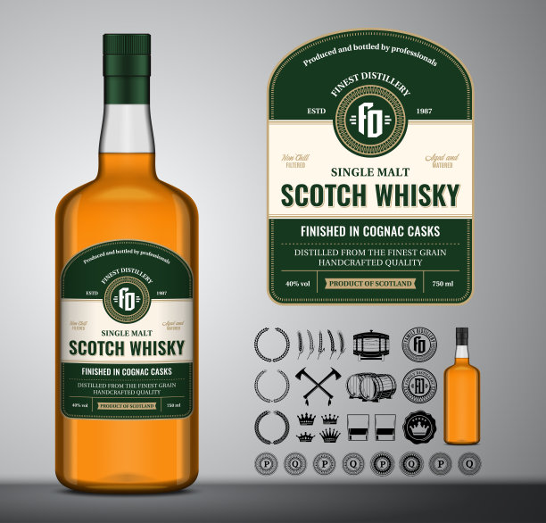 矢量苏格兰威士忌标签。苏格兰威士忌酒瓶，图标，徽章，徽章图片下载
