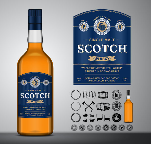 矢量苏格兰威士忌标签。苏格兰威士忌酒瓶，图标，徽章，徽章图片下载