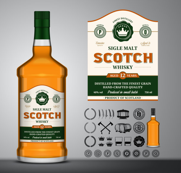 矢量苏格兰威士忌标签。苏格兰威士忌酒瓶，图标，徽章，徽章图片下载