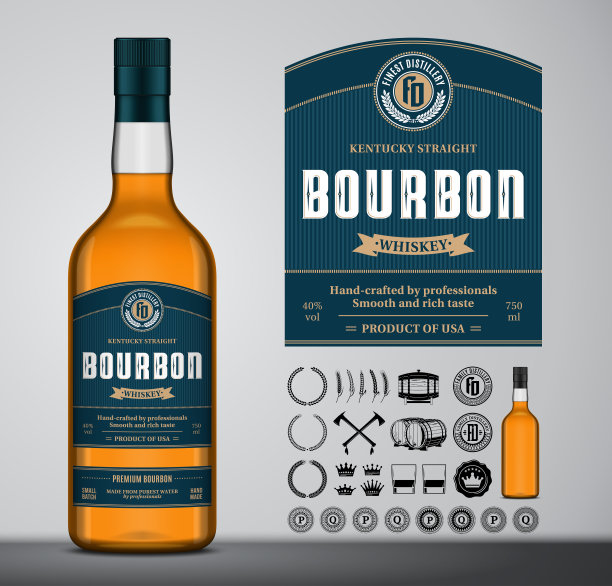 矢量波旁威士忌标签。玻璃瓶模型。波旁的图标，徽章，徽章图片下载
