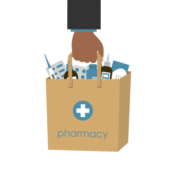 手提式纸袋药品。药房网上销售概念。在药房买药。矢量插图在白色背景图片下载
