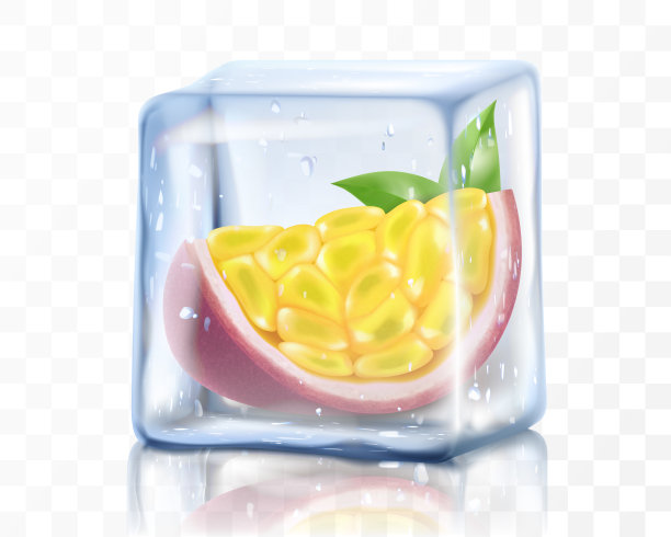 新鲜成熟的百香果在冰立方隔离透明背景冷冻热带多汁的百香果或西番莲edulis包装设计。现实的三维矢量异国水果插图。图片下载