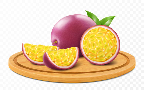 成熟美味的百香果在一个木制托盘隔离在透明的背景。将成熟的西番莲果实和新鲜的西番莲切片放在砧板上。逼真的三维矢量插图图片下载