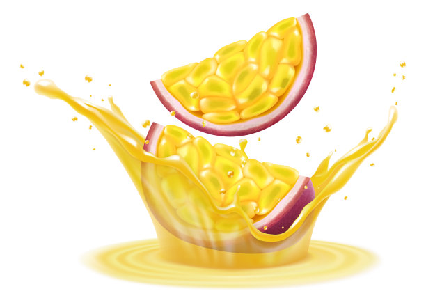 异国情调，热带百香果在果汁或奶昔飞溅，飞溅的维生素鸡尾酒滴，果汁飞溅成熟的紫色百香果。逼真的三维矢量插图图片下载