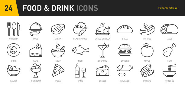 线性风格的食品和饮料Web图标集，包括餐饮、餐厅、菜肴、水果、快餐、汉堡、披萨、咖啡、三明治等矢量素材图片下载