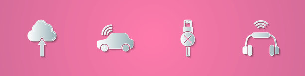 集剪纸云上传，智能汽车系统，没有usb数据线和耳机图标。纸艺风格。向量图片下载