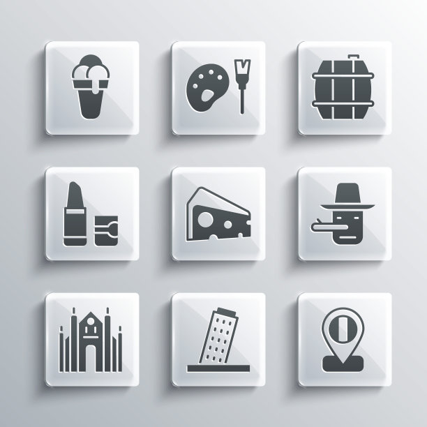 设置塔在比萨，意大利的位置旗帜，匹诺曹，奶酪，米兰大教堂，口红，冰淇淋和桶的葡萄酒图标。向量图片下载