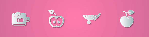 设置剪纸砧板与蔬菜，苹果，豌豆和桃子水果或油桃图标。纸艺风格。向量图片下载