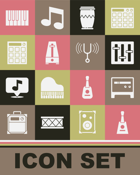 集Balalaika，吉他放大器，混音控制器，鼓，节拍器与钟摆，机器，大钢琴和音乐音叉图标。向量图片下载