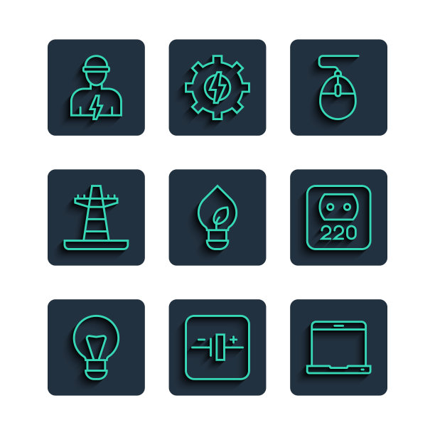 创意灯，直流电压源，笔记本电脑，鼠标，带叶子的灯泡，电塔线，电工和电源插座图标。向量图片下载