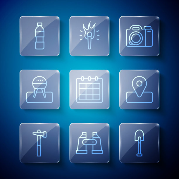 设置线锤，双筒望远镜，铲子，照相机，日历，烧烤架，瓶装水和露营图标的位置。向量图片下载