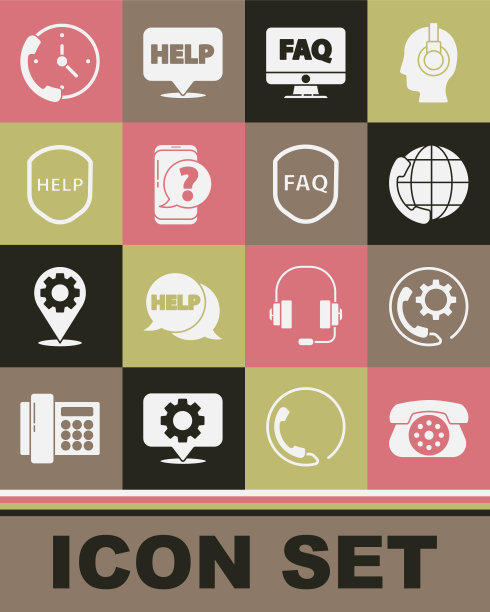 设置电话，24小时支持，计算机显示器和常见问题解答，手机问题，屏蔽文本帮助和图标。向量图片下载