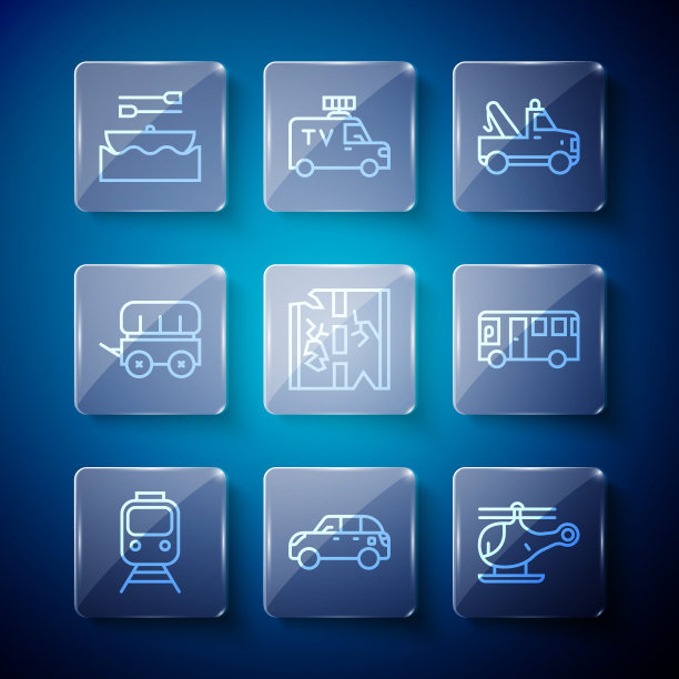 集线火车和铁路，掀背车，直升机，拖车，破碎的道路，狂野的西部篷车，船与桨和公共汽车图标。向量图片下载