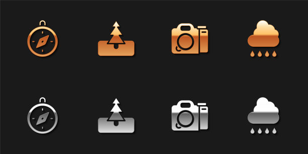 设置指南针，树，相机和云与雨图标。向量图片下载