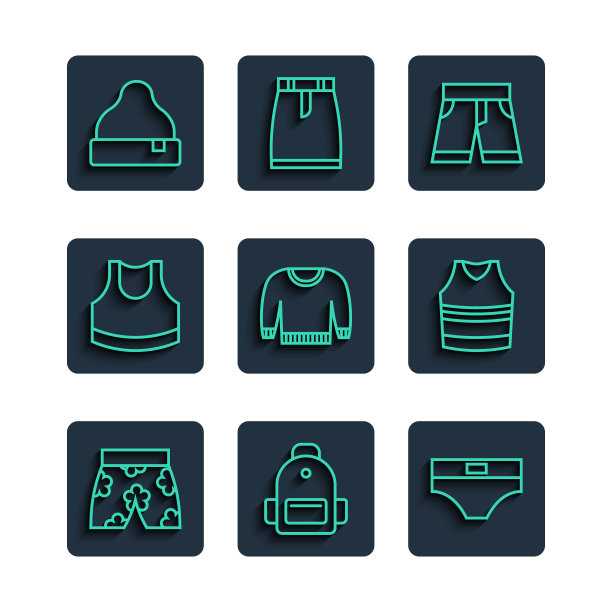 设置线游泳裤，学校背包，男子内裤，短或，毛衣，女性露脐上衣，无边帽和汗衫图标。向量图片下载