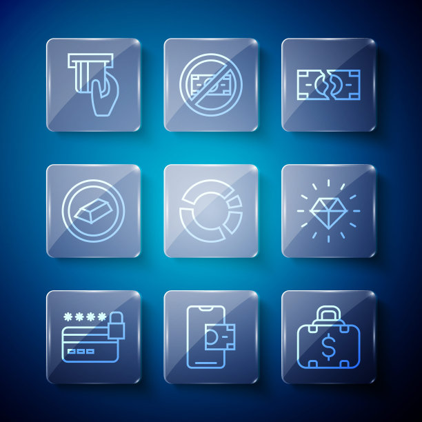 设置线信用卡与锁，手机银行，公文包和钱，撕裂钞票，饼图信息图，金条，插入和钻石图标。向量图片下载