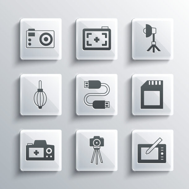 设置相机，平板电脑，SD卡，USB连接线，风机，软箱灯图标。向量图片下载