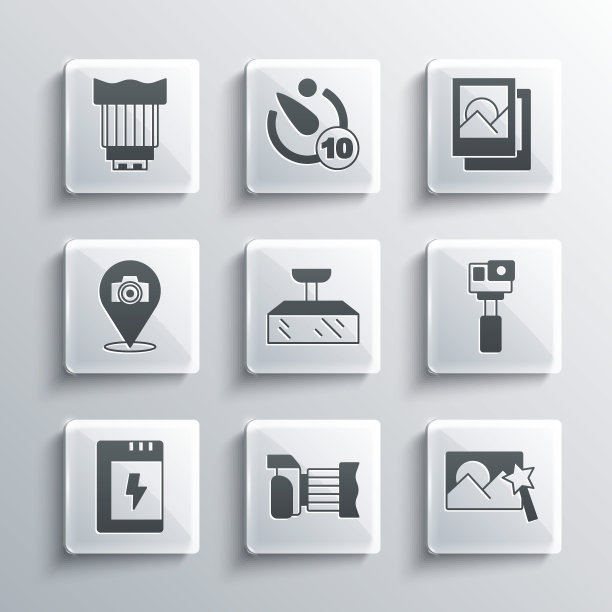 设置相机，修图，动作，软箱灯，电池，相机的照片镜头和框架图标。向量图片下载