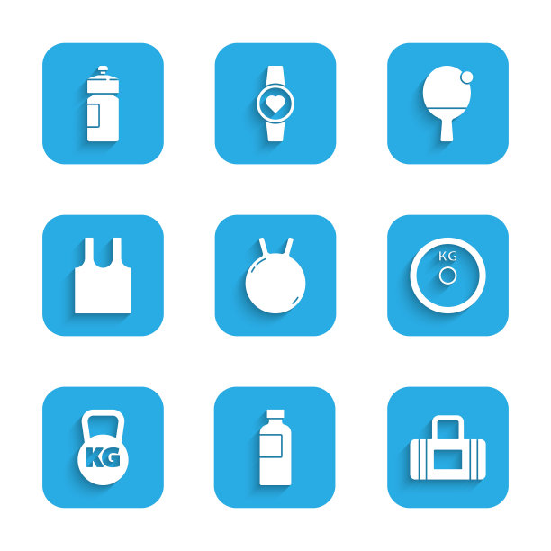 集壶铃，健身摇壶，运动包，重量板，无袖t恤，球拍和球和图标。向量图片下载