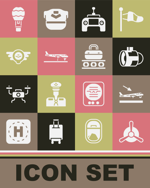 集飞机螺旋桨，着陆，喷气发动机涡轮，无人机遥控，航空徽章，热气球和传送带与行李箱图标。向量图片下载