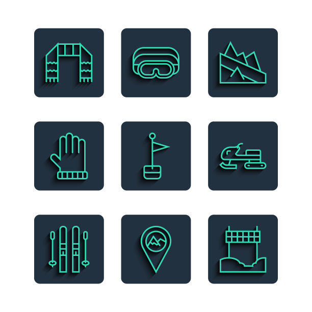 设置线滑雪和棍棒，位置与山，丝带终点线，山下降，标记，圣诞手套，冬季围巾和雪地摩托图标。向量图片下载