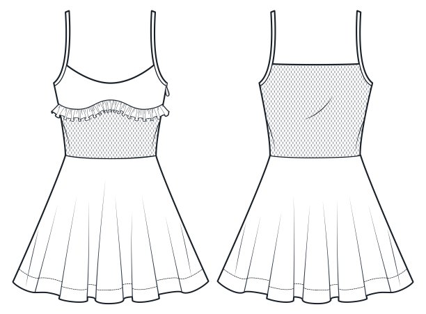 网眼迷你裙技术时尚插画。吊带裙时尚平面技术图纸模板，透明，前后视图，白色，女装CAD模型。图片下载