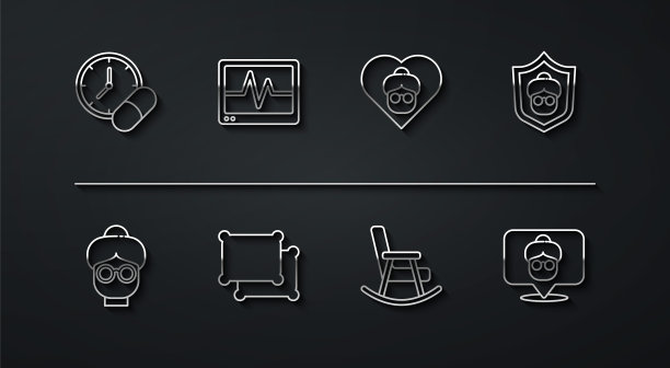 设置线药物药丸或药片，祖母，摇椅，枕头，监护仪与心电图，养老院和图标。向量图片下载