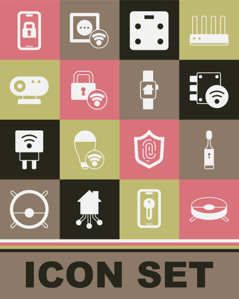 集机器人吸尘器，电动牙刷，数字门锁，智能浴室秤，网络摄像头，和智能手表图标的家。向量图片下载