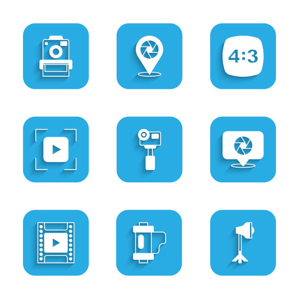 设置动作极限相机，相机胶卷墨盒，工作室灯泡在软箱，快门，对焦框线，照片4和图标。向量图片下载