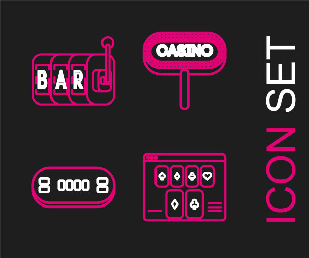 在线扑克桌游戏，扑克，赌场招牌和老虎机图标。向量图片下载