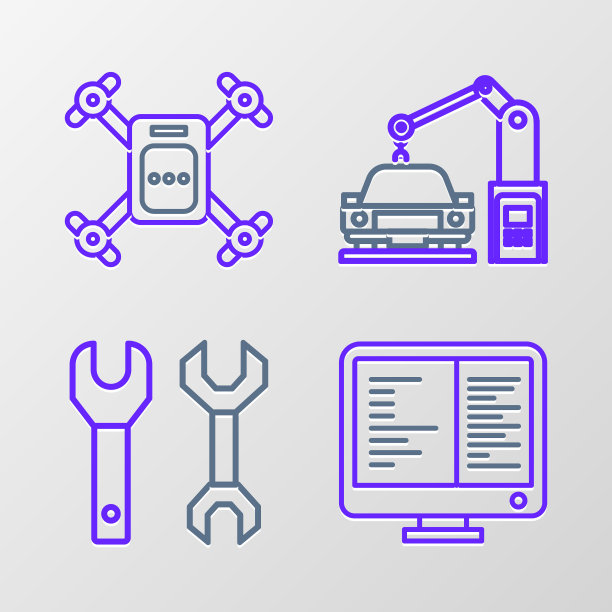 电脑显示器屏幕，扳手，工业机器，机器人手臂和无人机飞行与动作相机图标。向量图片下载