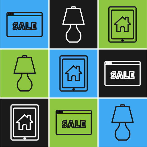 在线销售，平板电脑和智能家居和台灯图标设置线悬挂标志。向量图片下载