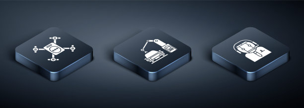 设置等距无人机飞行与动作相机，工人机器人和工业机器机器人手臂手的图标。向量图片下载