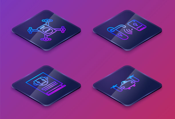 设置等距线无人机飞行与运动相机，用户手册，带无线解锁技术的数字门锁和无人机飞行与运动相机。蓝色方形按钮。向量图片下载