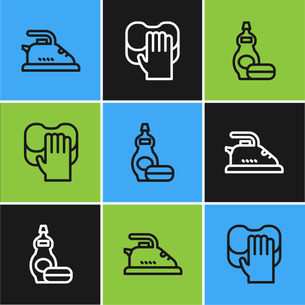 设置线路电熨斗，洗洁精瓶和清洁服务图标。向量图片下载