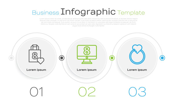 设置线购物袋与心脏，3月8日在显示器和结婚戒指。业务信息图表模板。向量图片下载