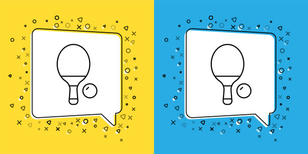 设置线球拍打乒乓球图标孤立在黄色和蓝色的背景。向量图片下载