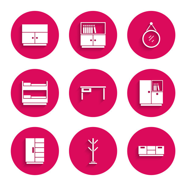 设置办公桌，外套架，家具床头柜，衣柜，双层床，镜子和图标。向量图片下载