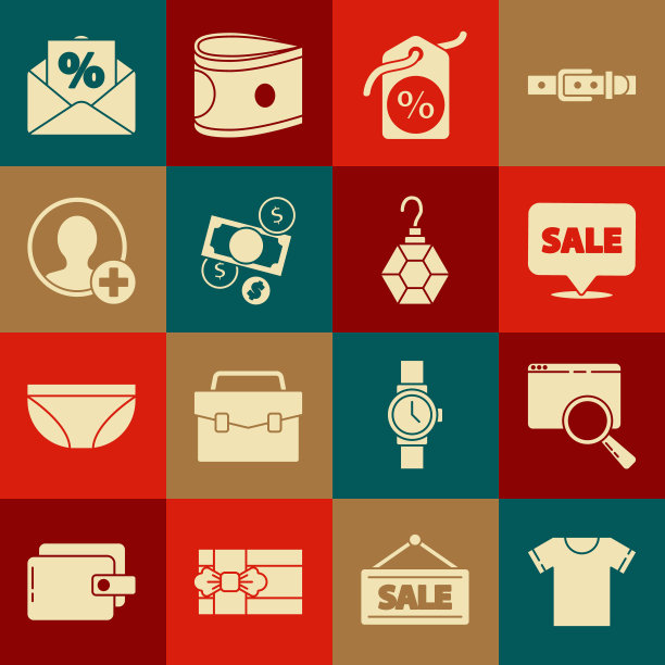 设置t恤，搜索在浏览器窗口，挂标志与销售，折扣百分比标签，钱现金和硬币，创建帐户屏幕，信封利息折扣和耳环图标。向量图片下载
