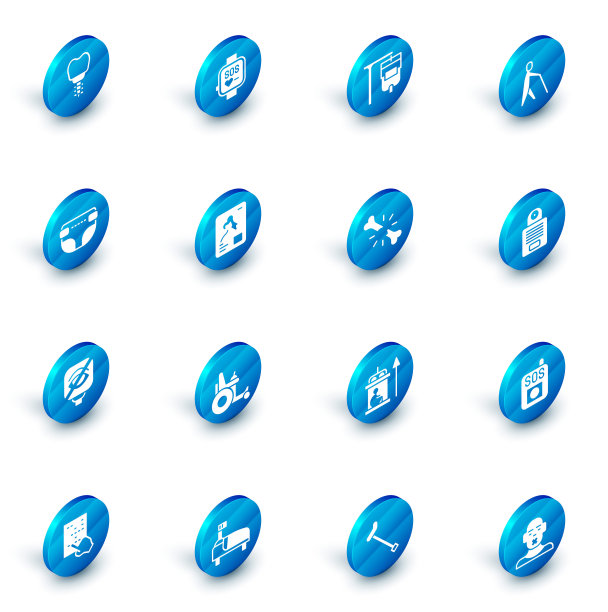 设置智能手表，静脉输液袋，盲人持有棒，成人尿布，失明，x光镜头，对讲机和人类骨折图标。向量图片下载