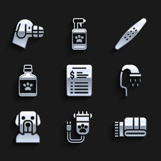 设置美容沙龙价格清单，理发宠物，毛巾堆，宠物淋浴，狗，药瓶，指甲文件和枪口图标。向量图片下载